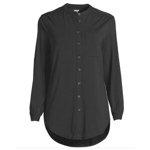 Lands End Womens Long Sleeve‎ A-Line Tunic Button Up Top Black Shirt Medium